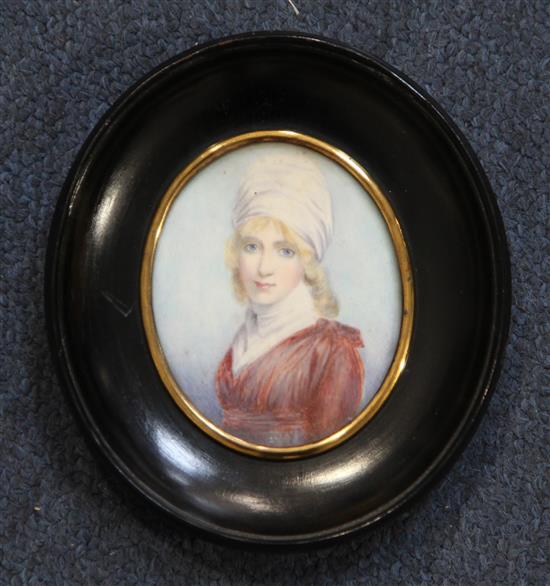 Follower of Richard Cosway Miniature portrait of a young lady wearing a turban (reputedly a Mrs Moffat), 2.5 x 2.25in.